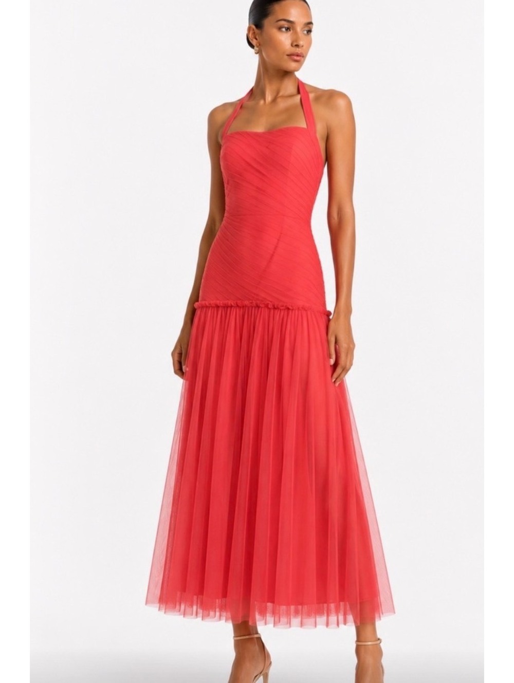 White by Vera Wang Red Halter Tulle Pleated Drop Waist Formal Dress Size 10